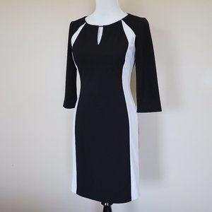 TAHARI Size 4 Black White Cocktail Career Dress 3/4 Sleeve Body Con